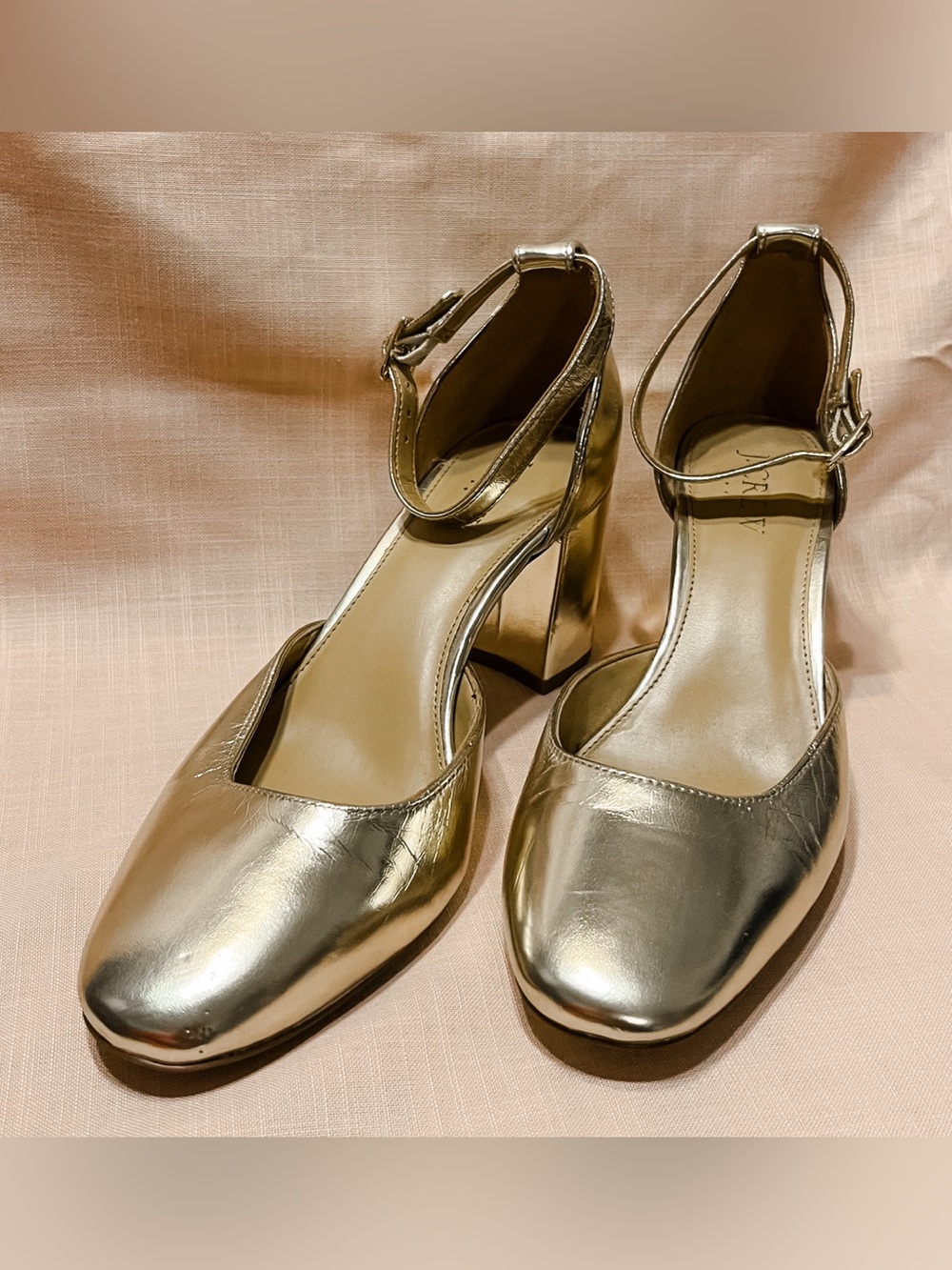 J. Crew Metallic Gold Ankle-Strap Block Heels